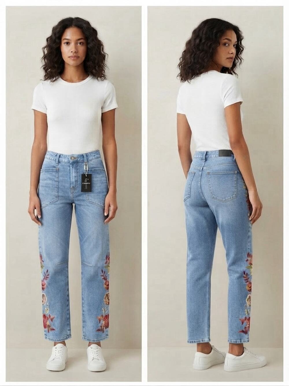 Flamingals Embroidered Floral Light Wash Utility Straight Leg Jeans Size M NWT